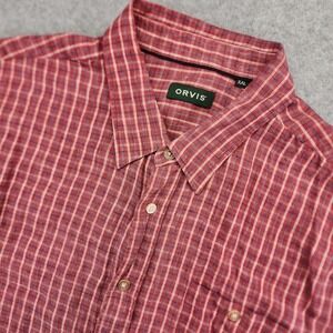 Orvis Mens Button Up Shirt Linen Plaid‎ Camp Fishing Outdoors XXL Short Sleeve